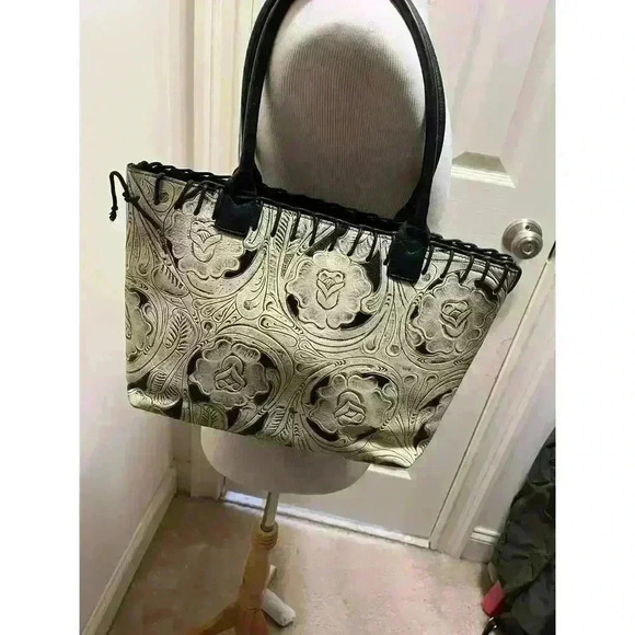 Berge Floral Leather Tooled Bag/Purse Tan Black - Picture 2 of 11